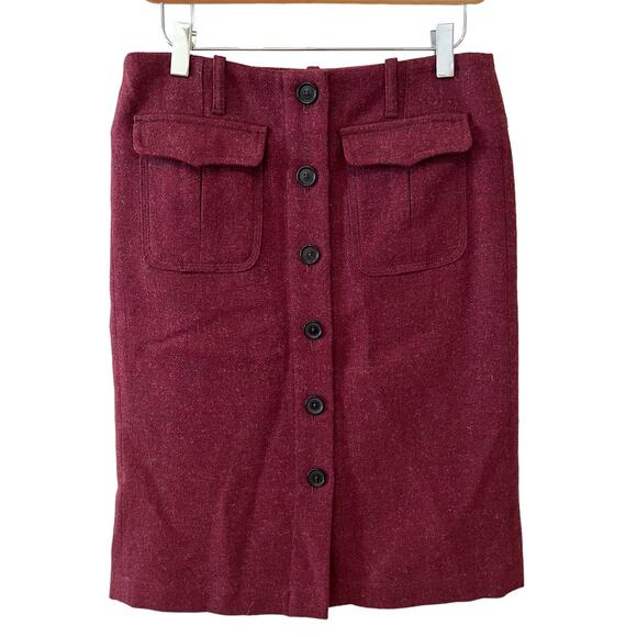 Burberry Red Wool Button Front Military Style Tweed Pencil Skirt 4 - Picture 1 of 9
